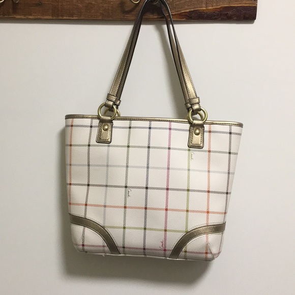 Coach Heritage Cream Leather Tattersall Tote - Picture 5 of 5